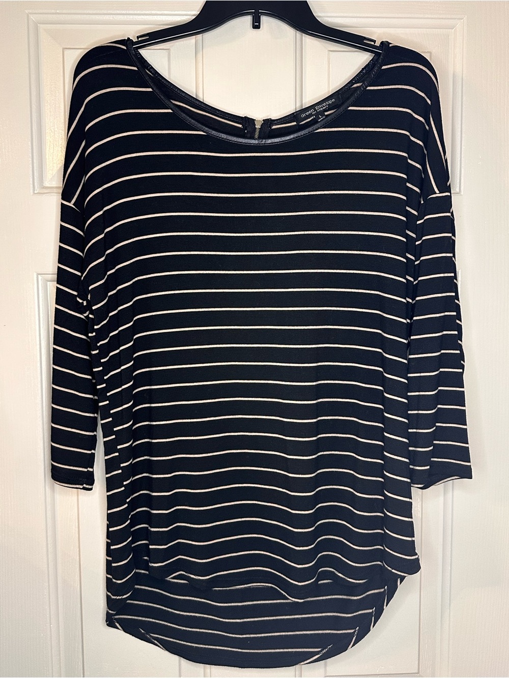 Green Envelope Black and White Striped Long Sleeve Top